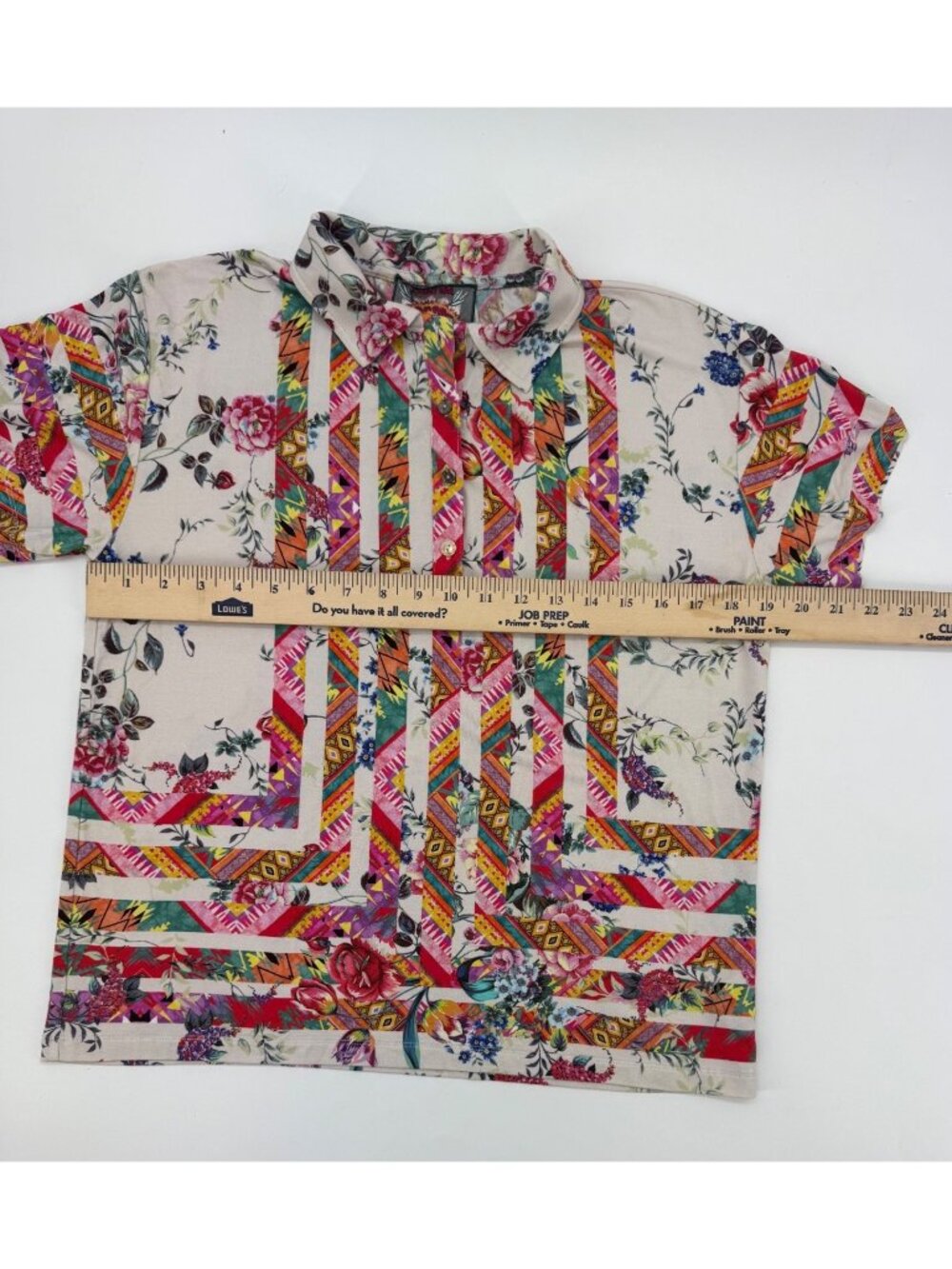 Johnny Was XS Azzy Boho Floral & Geometric Bamboo Button-Up Polo Shirt - Picture 7 of 11